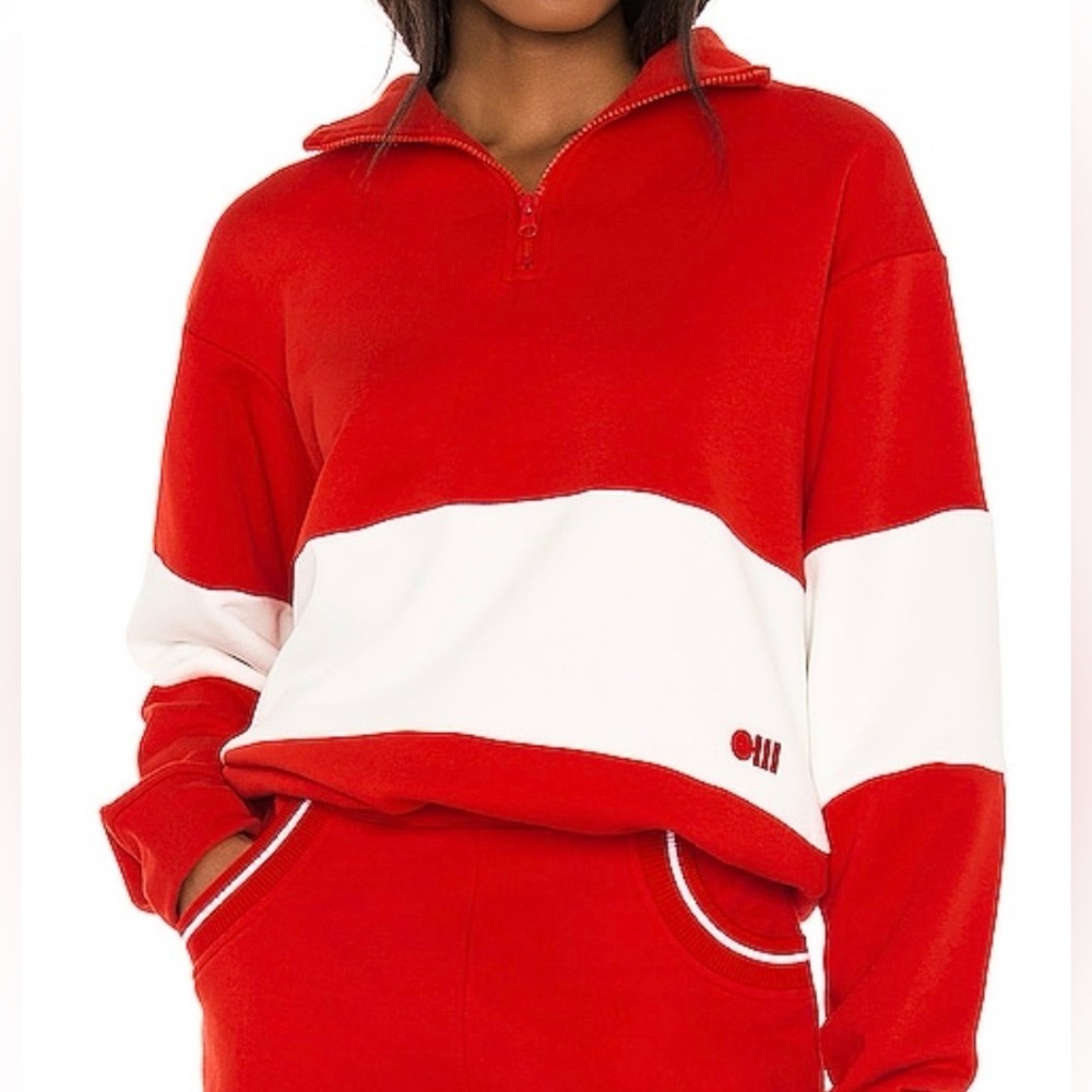 Solid & Striped Sz: M Poppy Red & cream 1/4 zip Color-block pullover Fleece Top.